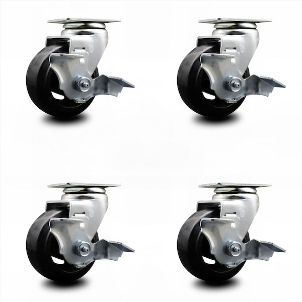 4 Inch Rubber on Cast Iron Swivel Caster Set with Roller Bearings and Brakes
